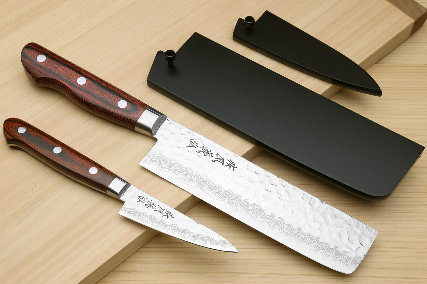 Yoshihiro VG-10 16 Layer Hammered Damascus Stainless Steel Nakiri and Paring Knife Set
