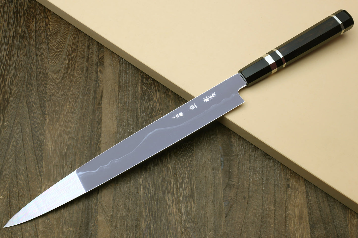 Yoshihiro Mizu Honyaki White Steel #1 Two Sided Mirror-Finished Mt. Fuji Namiukashi Yanagi Premium Triple Nickel Silver Ring Ebony Handle - IKEDA Limited Edition