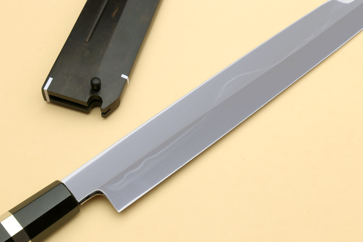 Yoshihiro Mizu Honyaki White Steel #1 Two Sided Mirror-Finished Mt. Fuji Namiukashi Yanagi Premium Triple Nickel Silver Ring Ebony Handle - IKEDA Limited Edition