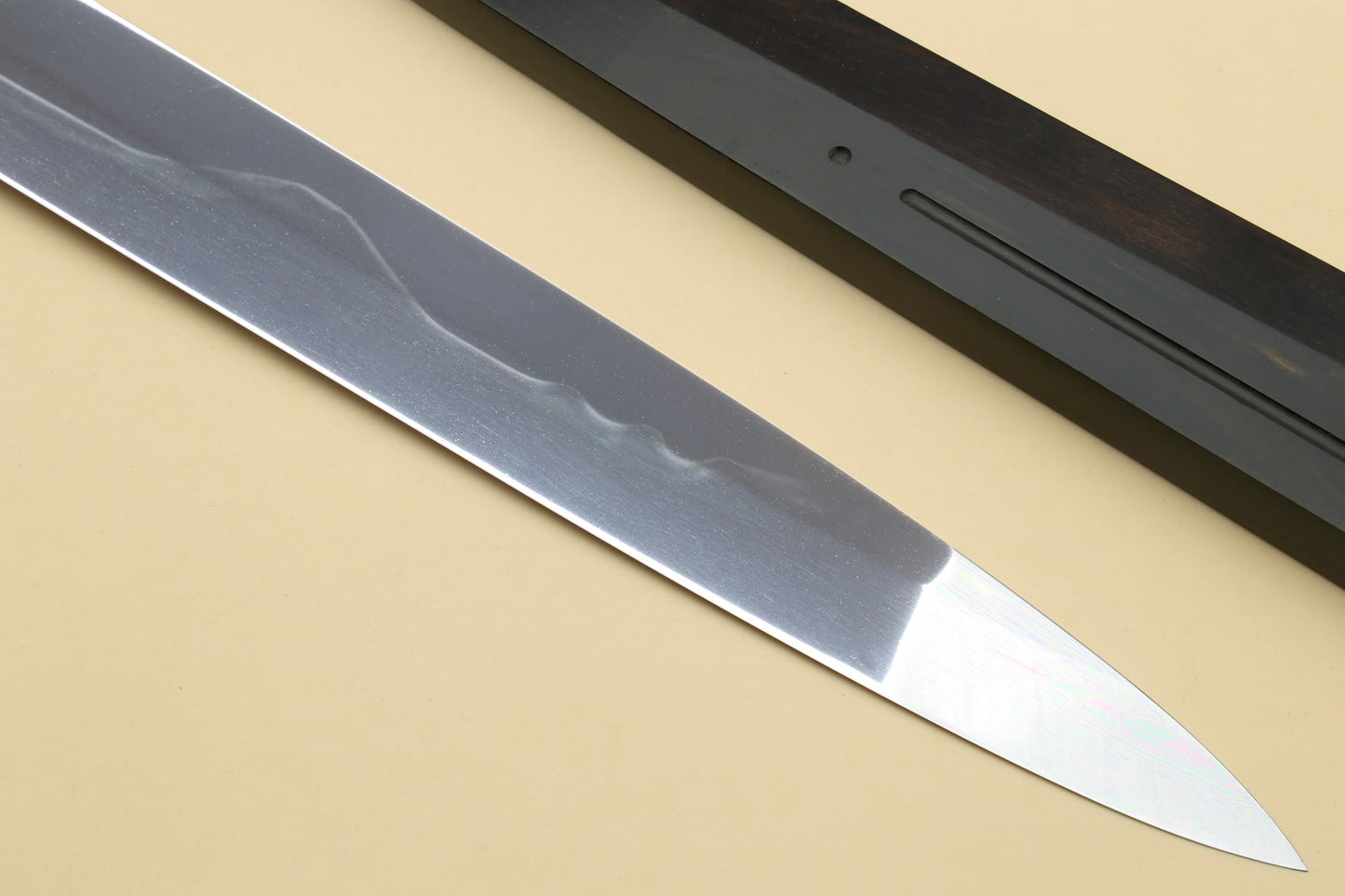 Yoshihiro Mizu Honyaki White Steel #1 Two Sided Mirror-Finished Mt. Fuji Namiukashi Yanagi Premium Triple Nickel Silver Ring Ebony Handle - IKEDA Limited Edition
