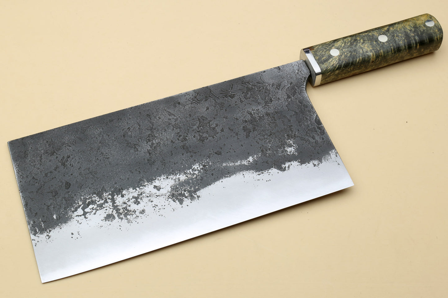 Yoshihiro Nashiji High Carbon White Steel #2 Chinese-Style Cleaver Vegetable Knife with Stabilized Maple Burl Handle (Mazaki Special Edition: TYPE D)