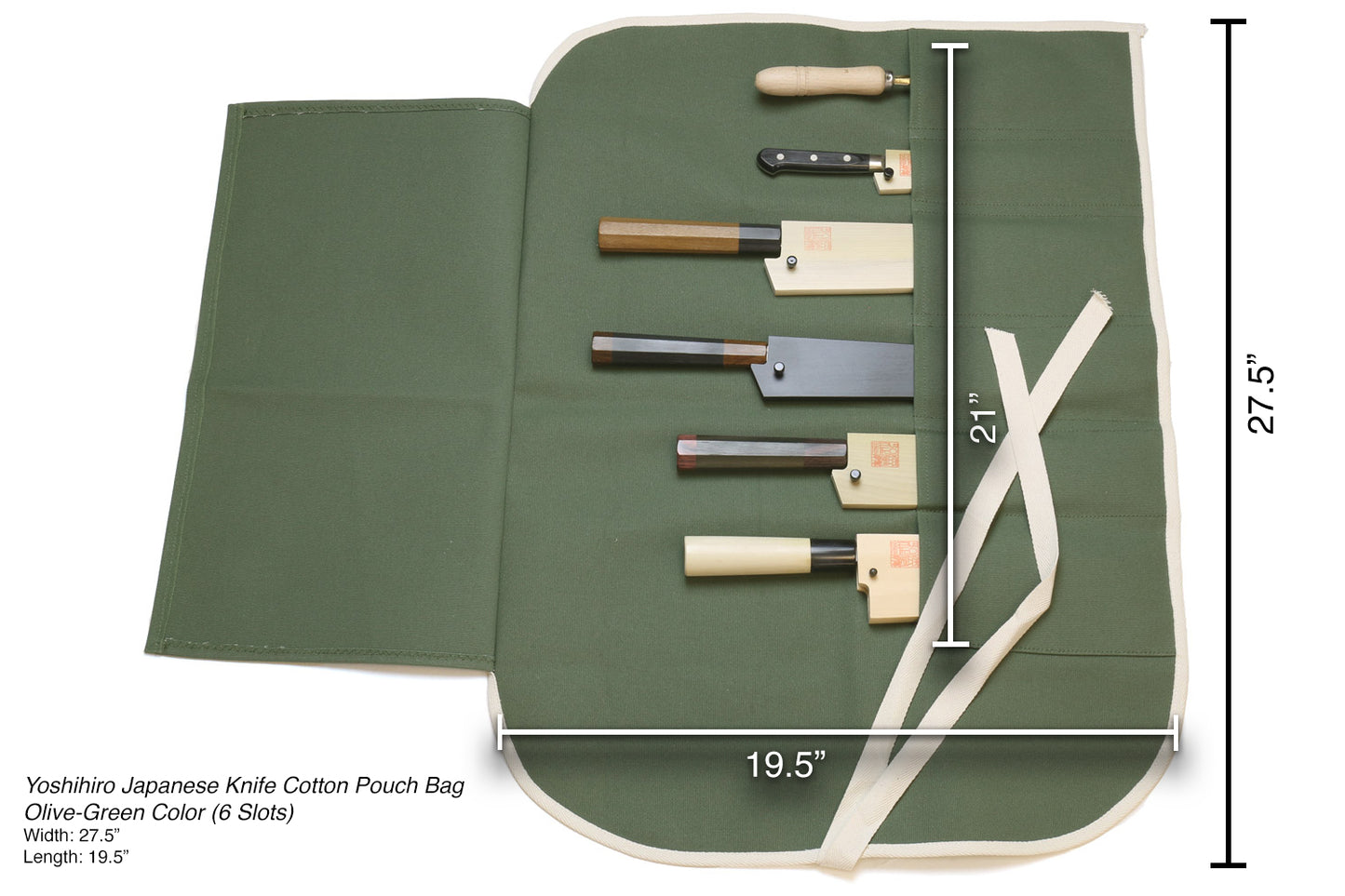 Yoshihiro Japanese Knife Cotton Pouch Bag Olive-Green Color (6 Slots)