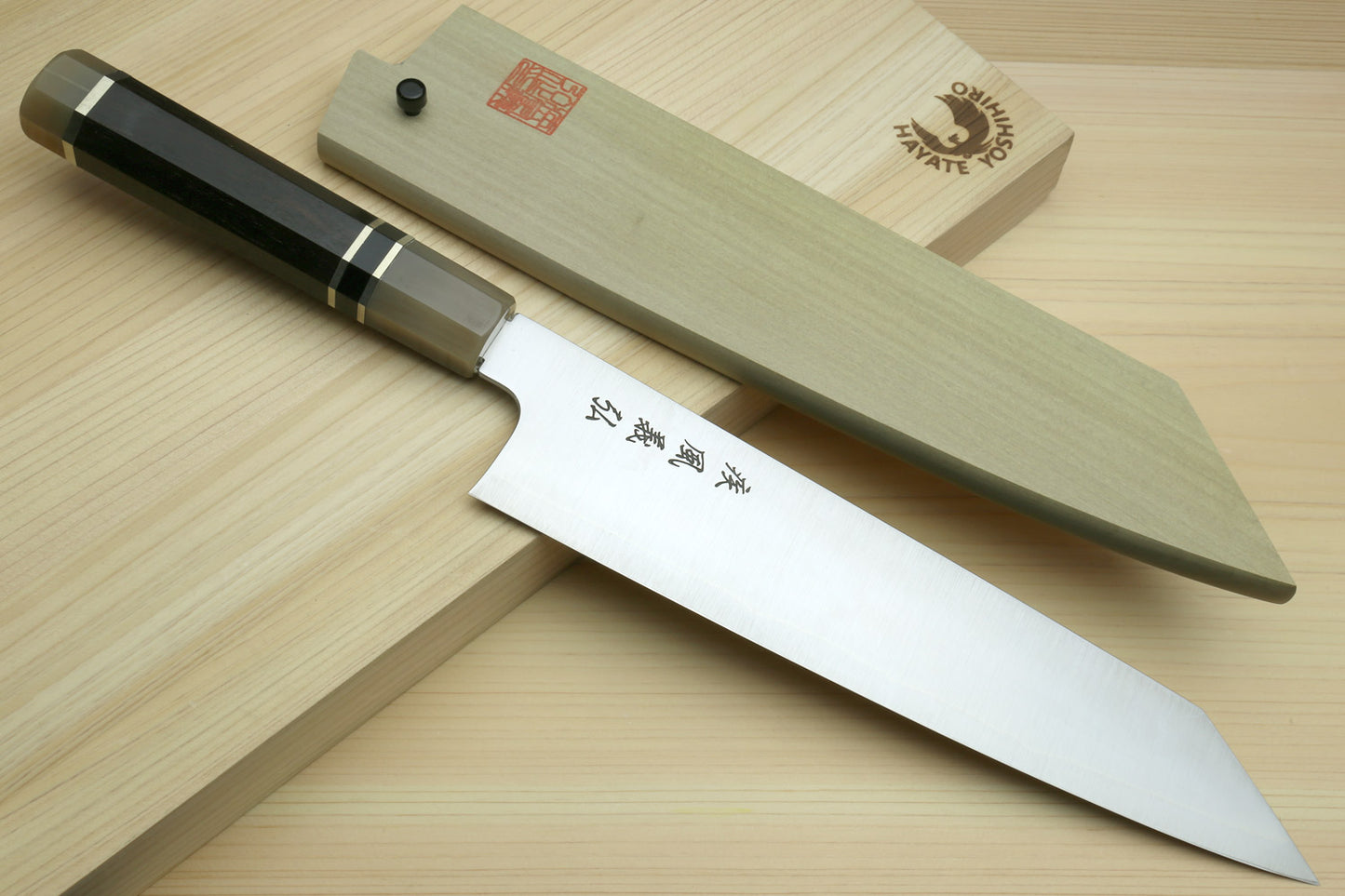 Yoshihiro HAP40 High Speed Stainless Steel Kiritsuke Multipurpose Chefs Knife Triple Ring Ebony Handle