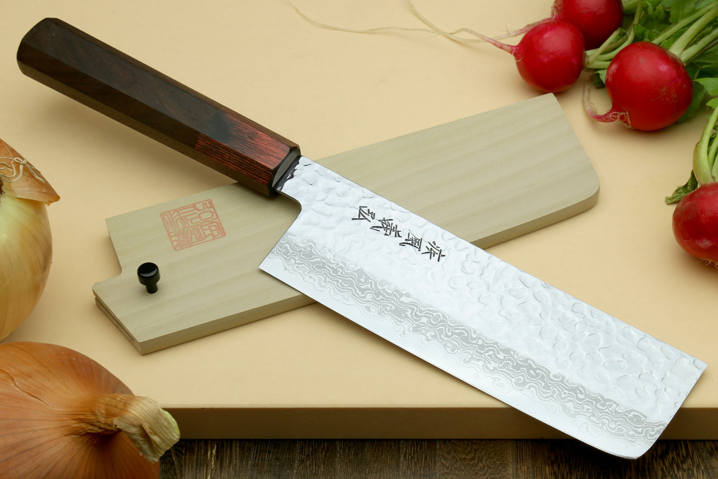 Yoshihiro VG-10 46 Layers Hammered Damascus Nakiri Japanese Vegetable Knife (6.5" (165mm)) (Rosewood Handle)