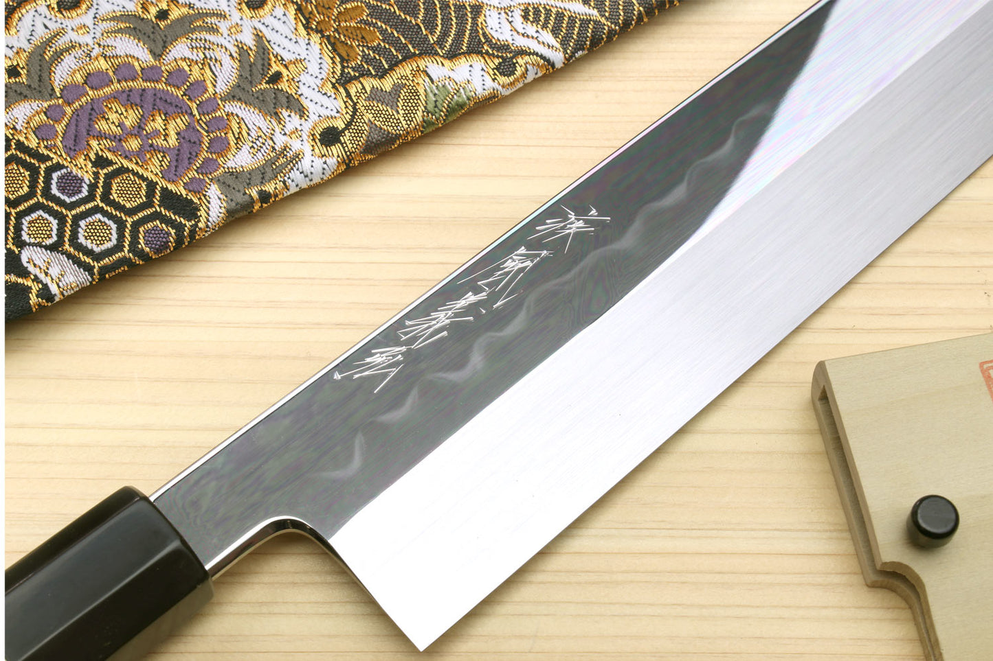 Yoshihiro Mizu Honyaki High Carbon White Steel #2 Mirror-Polished Namiukashi Edo Usuba Japanese Traditional Vegetable Knife Triple Silver Ring Ebony Handle