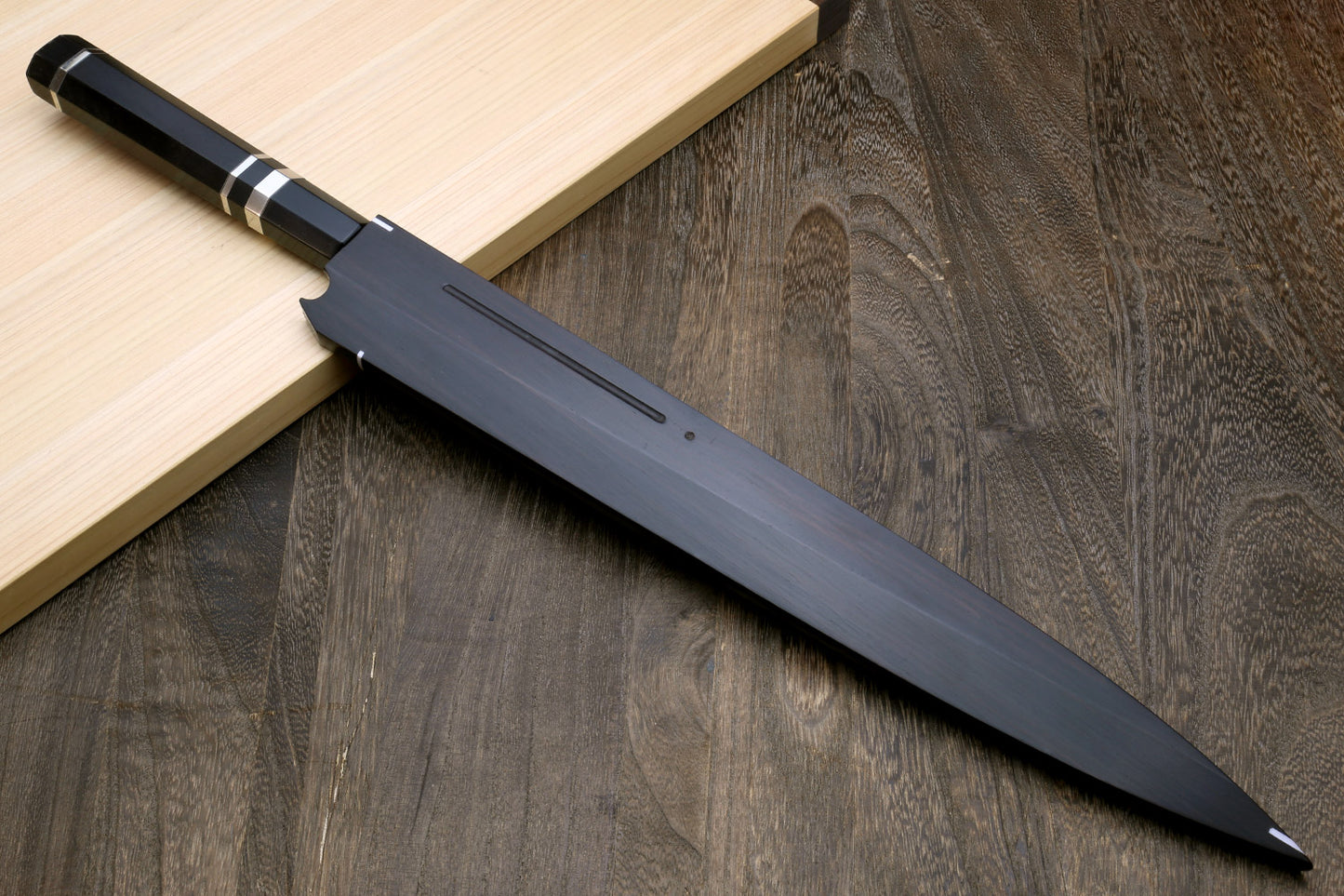 Yoshihiro Mizu Honyaki Mirror-Finished Namiukashi White Steel #2 Yanagi Sushi Sashimi Japanese Knife Triple Nickel Silver Ring Ebony Handle and Premium Ebony Saya