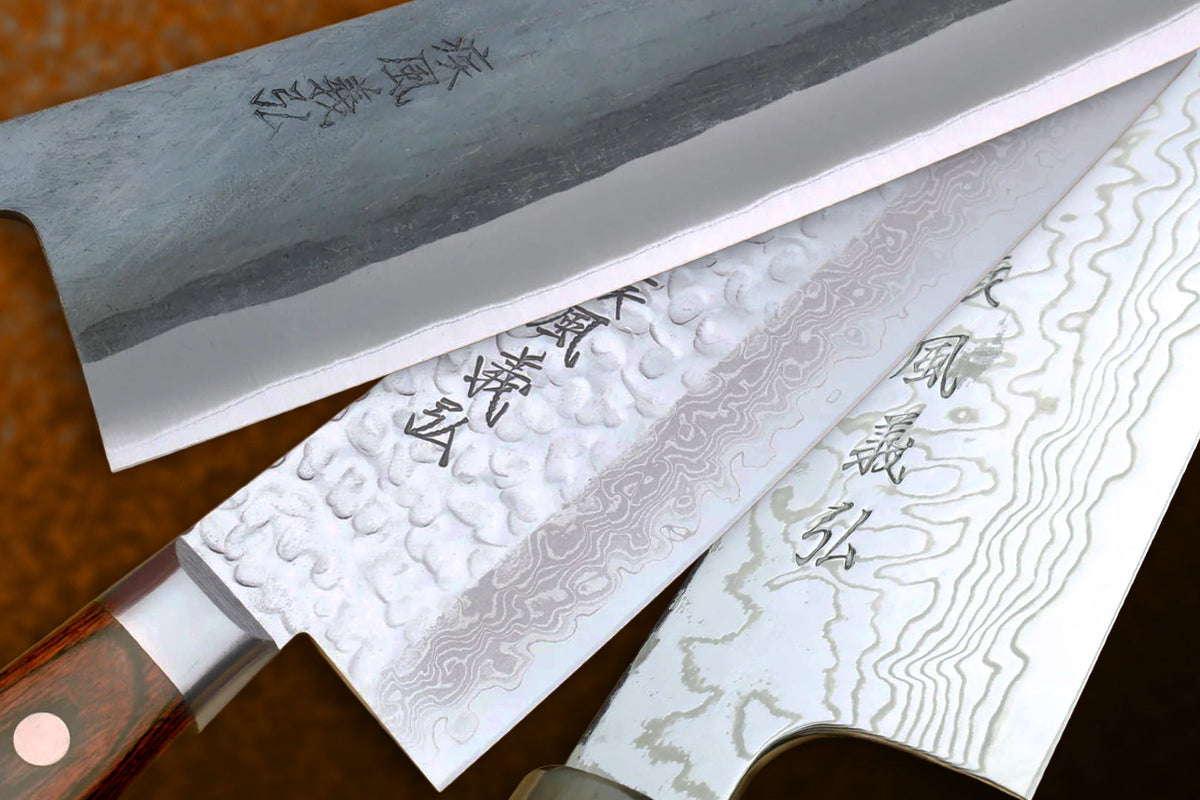 Japanese knives with different blade finishes, including kurouchi, kasumi and Damascus