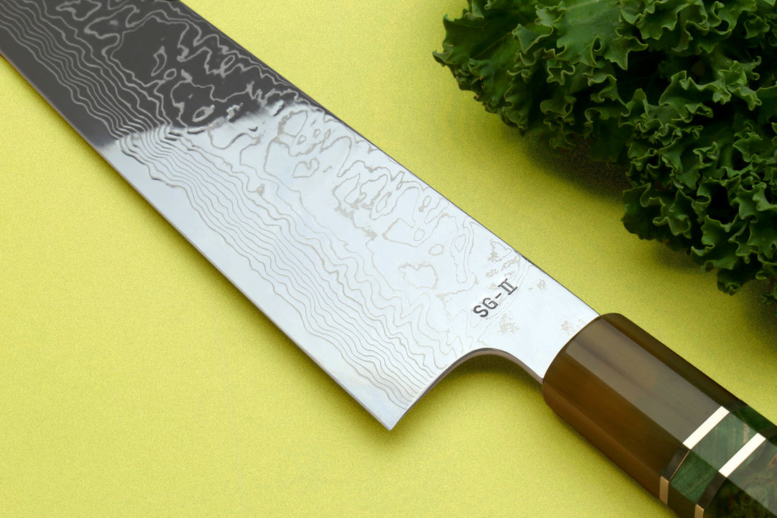 Close-up of an SG2 steel Japanese knife blade