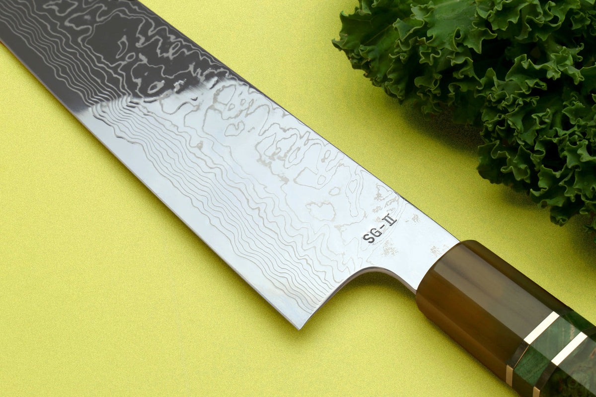 Close-up of an SG2 steel Japanese knife blade