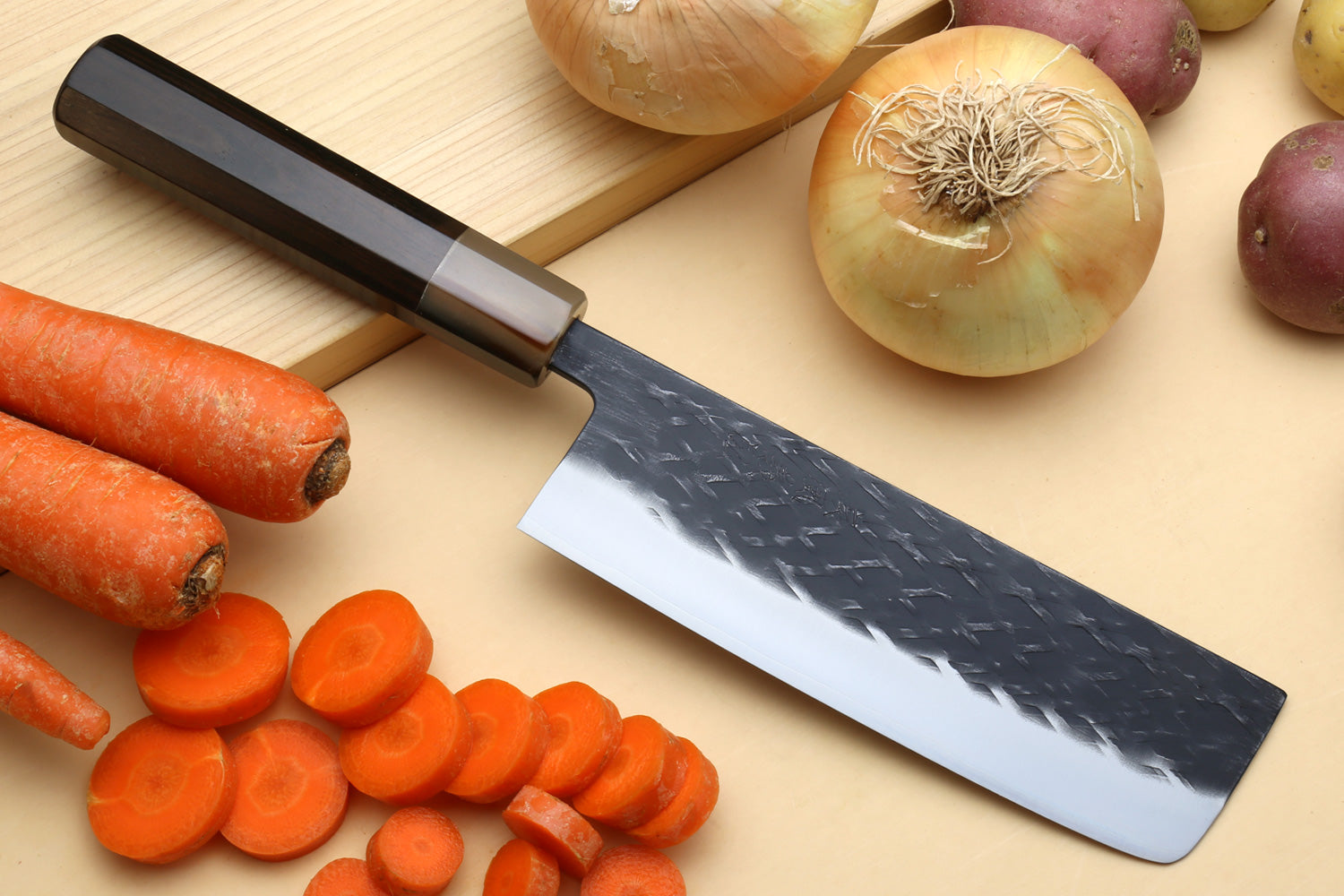 Japanese nakiri vegetable knife on a cutting board