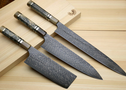 Yoshihiro Mazaki Hon-Sanmai Snake Skin Pattern Damascus Kurouchi Black-Forged Blue Steel Gyuto, Sujihiki, & Nakiri 3pc Knife Set, Mazaki Limited Edition