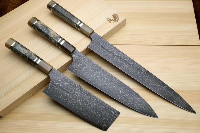 Yoshihiro Mazaki Hon-Sanmai Snake Skin Pattern Damascus Kurouchi Black-Forged Blue Steel Gyuto, Sujihiki, & Nakiri 3pc Knife Set, Mazaki Limited Edition