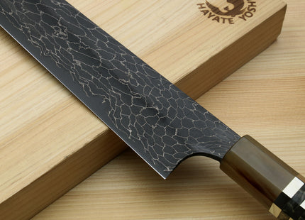 Yoshihiro Mazaki Hon-Sanmai Snake Skin Pattern Damascus Kurouchi Black-Forged Blue Steel Sujihiki Slicer Knife, Mazaki Limited Edition (Blade Length: 300mm)
