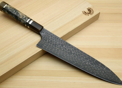 Yoshihiro Mazaki Hon-Sanmai Snake Skin Pattern Damascus Kurouchi Black-Forged Blue Steel Gyuto, Sujihiki, & Nakiri 3pc Knife Set, Mazaki Limited Edition