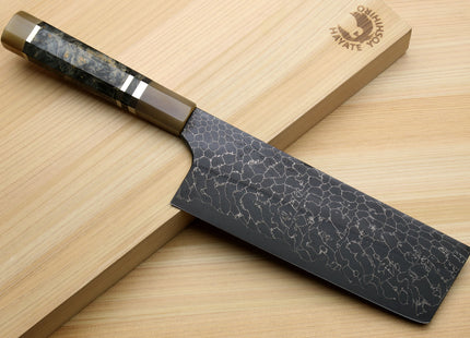 Yoshihiro Mazaki Hon-Sanmai Snake Skin Pattern Damascus Kurouchi Black-Forged Blue Steel Nakiri Vegetable Knife, Mazaki Limited Edition (Blade Length: 165mm)