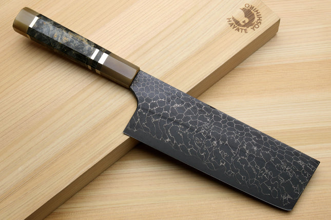 Yoshihiro Mazaki Hon-Sanmai Snake Skin Pattern Damascus Kurouchi Black-Forged Blue Steel Nakiri Vegetable Knife, Mazaki Limited Edition (Blade Length: 165mm)