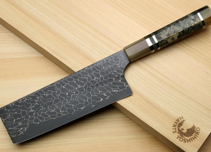 Yoshihiro Mazaki Hon-Sanmai Snake Skin Pattern Damascus Kurouchi Black-Forged Blue Steel Nakiri Vegetable Knife, Mazaki Limited Edition (Blade Length: 165mm)