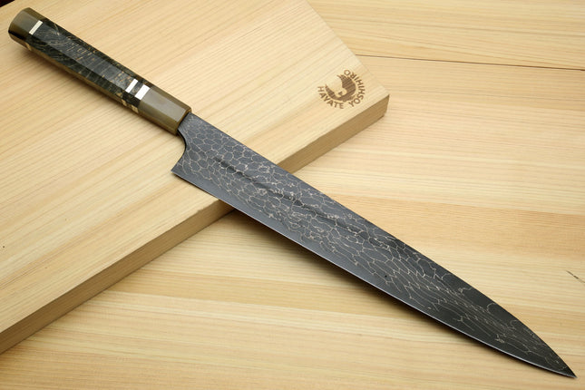 Yoshihiro Mazaki Hon-Sanmai Snake Skin Pattern Damascus Kurouchi Black-Forged Blue Steel Sujihiki Slicer Knife, Mazaki Limited Edition (Blade Length: 300mm)