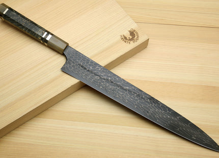 Yoshihiro Mazaki Hon-Sanmai Snake Skin Pattern Damascus Kurouchi Black-Forged Blue Steel Gyuto, Sujihiki, & Nakiri 3pc Knife Set, Mazaki Limited Edition