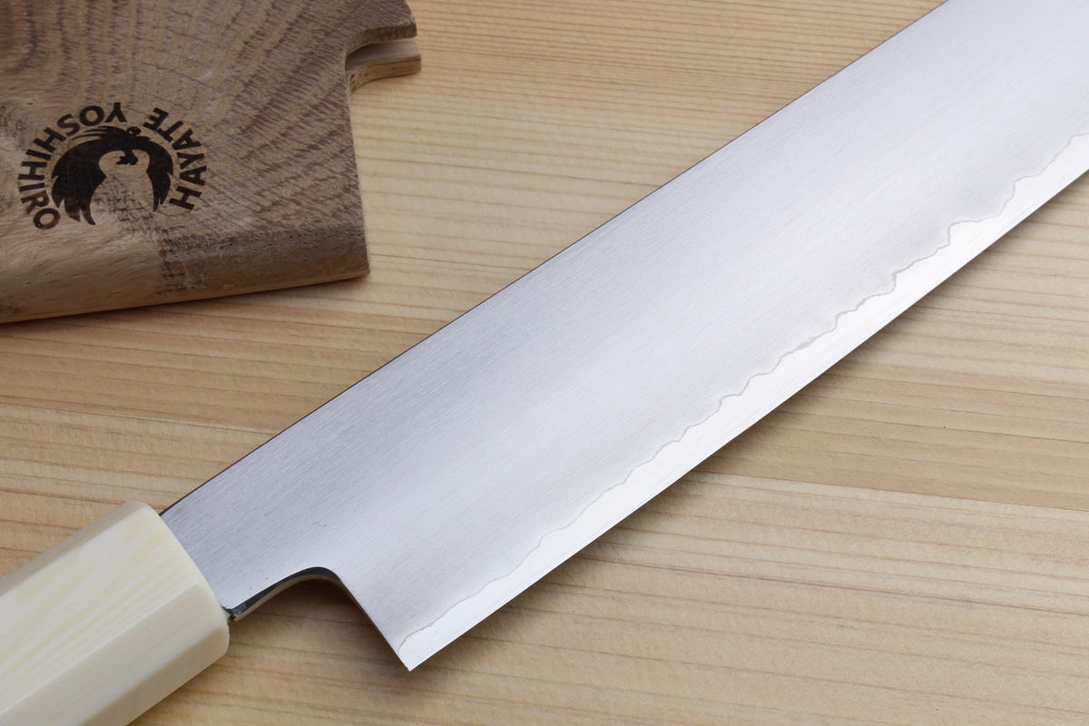 Chef slicer knife with long stainless blade and blue stabilized handle