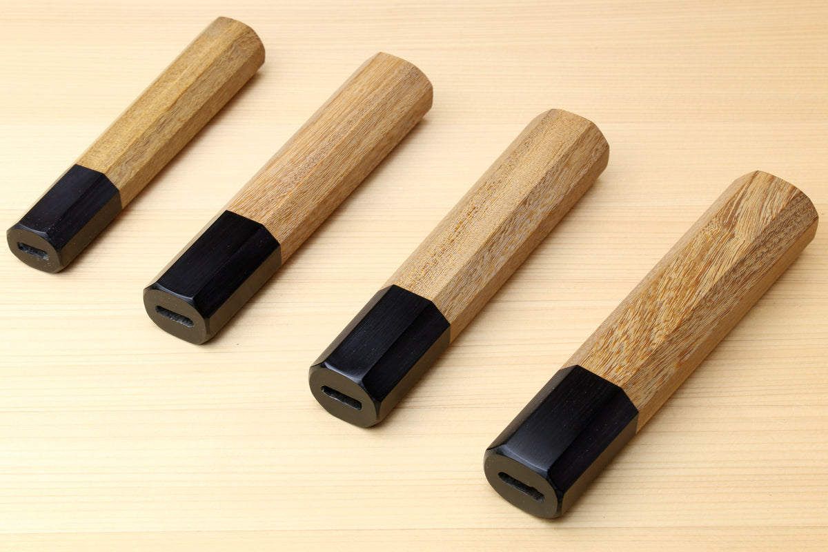 Gyuto chef knife handle with ebony bolster and ambrosia wood grip, end and side views