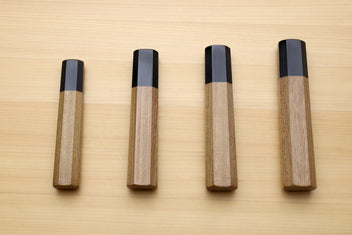 Four wooden petty knife handles with ebony bolster bands, ambrosia wood, front view