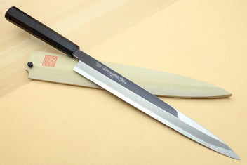 Japanese sushi sashimi knife with mirror-polished blue steel blade and ebony handle