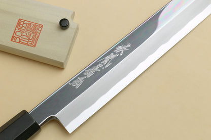 Yoshihiro Aonamiuchi Mirror-Polished Blue Steel #1 Yanagi Sushi Sashimi Japanese Knife Ebony Handle