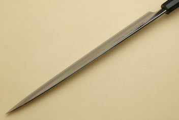 Japanese sushi sashimi knife side profile, mirror-polished steel blade