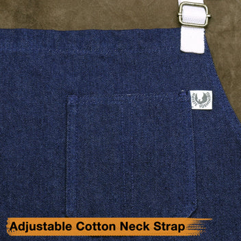 Dark denim kitchen apron with chest pocket and adjustable neck strap buckle