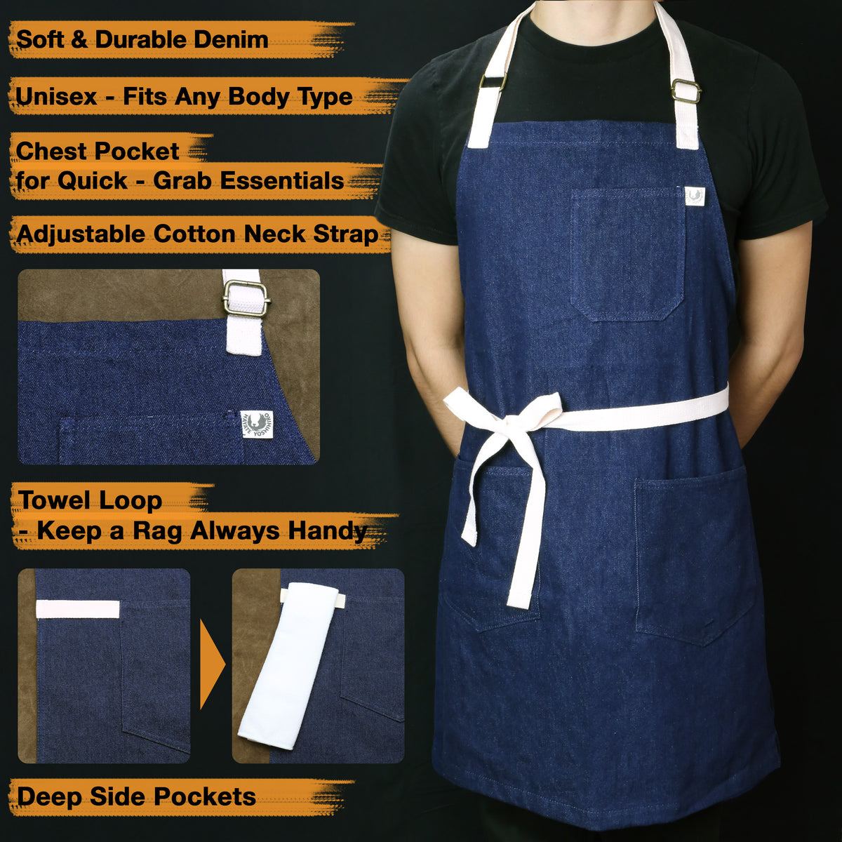 Dark denim kitchen apron with white neck strap, chest pocket, and waist tie