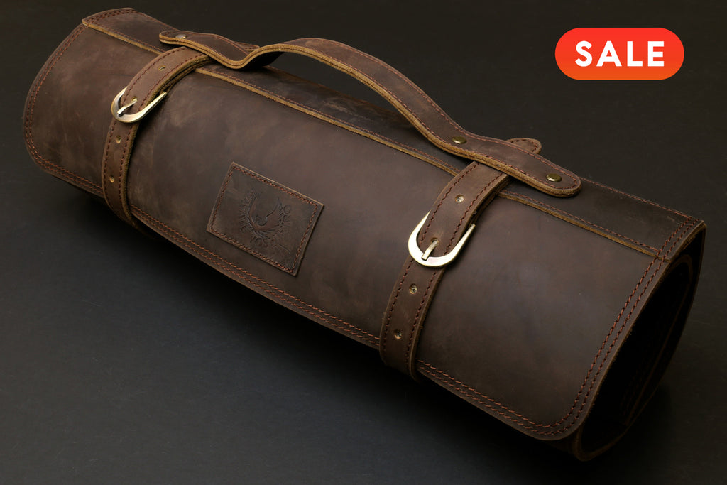 Brown leather roll knife bag on a dark background, featuring a 'SALE' label.