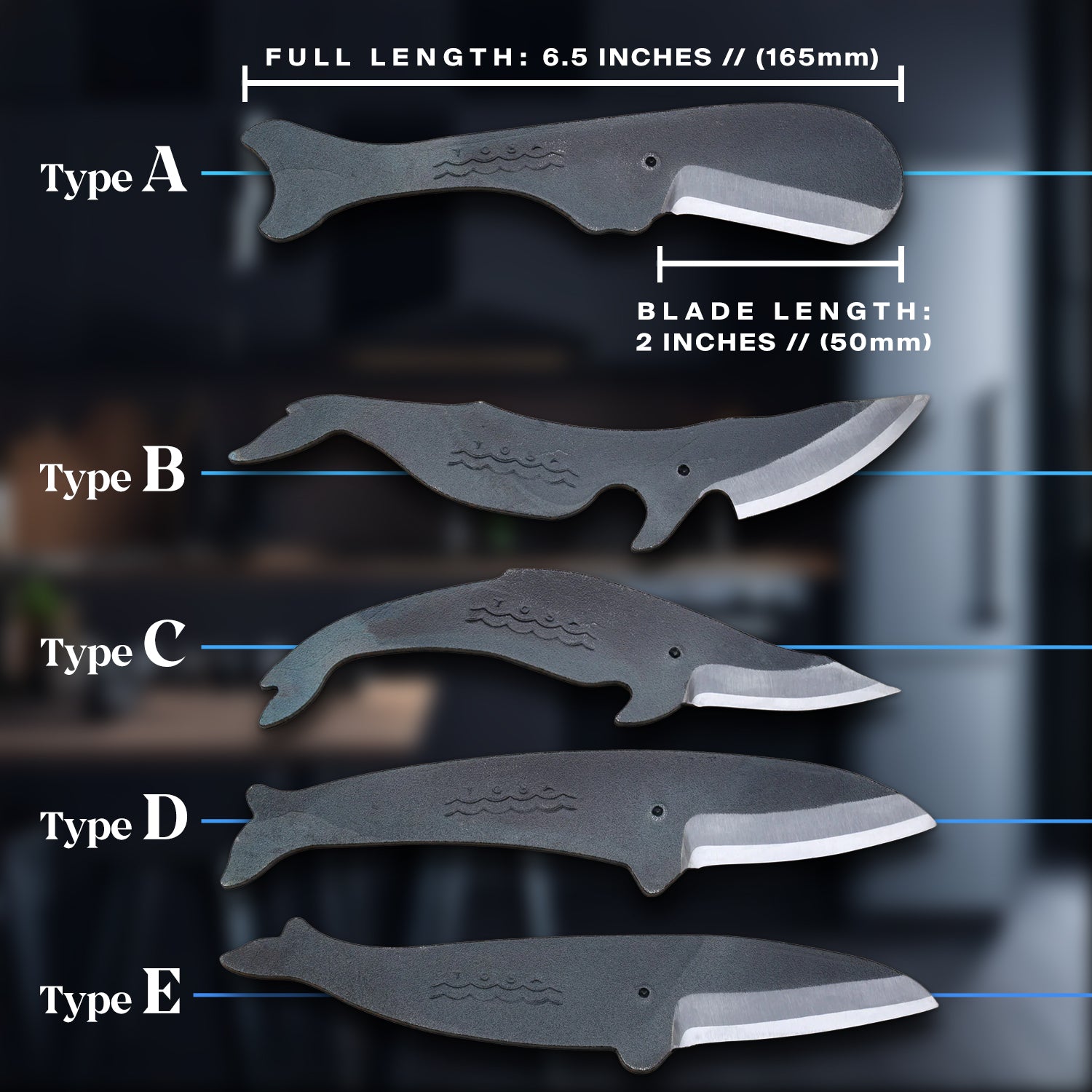 Yoshihiro Shiroko High Carbon Steel Kurouchi Kujira Whale Japanese Utility Knife 5PC SET(Whale A, B, C, D, & E Type)