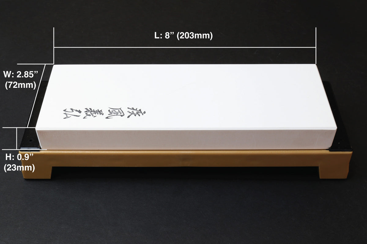 Whetstone on wooden base with labeled dimensions: L 203mm, W 72mm, H 23mm