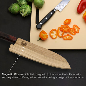 Magnetic oak wood saya cover for santoku knife blade protector with closure detail