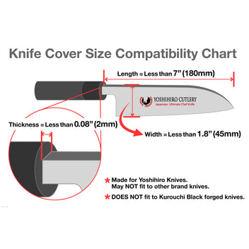 Saya cover size compatibility diagram for santoku knife, thickness and width limits shown
