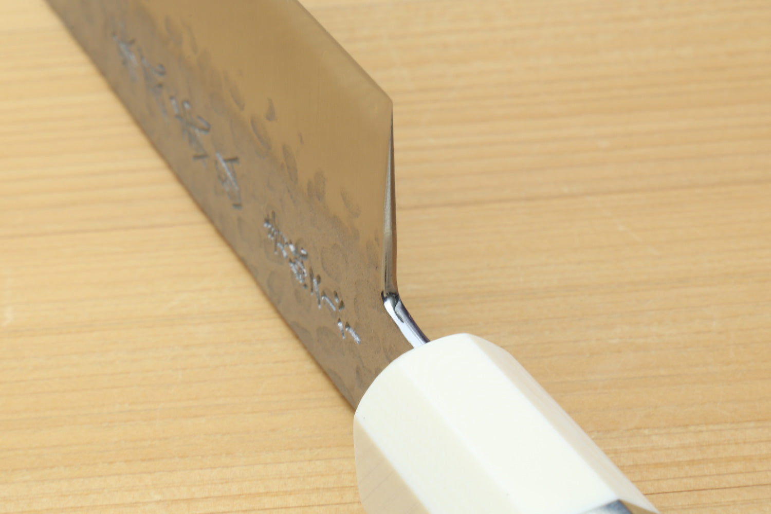 Yoshihiro Super Blue Steel Stainless Clad Hammered Gyuto Chefs Knife Howlite White Handle with Alternative Ivory Bolster (9.5" (240mm))