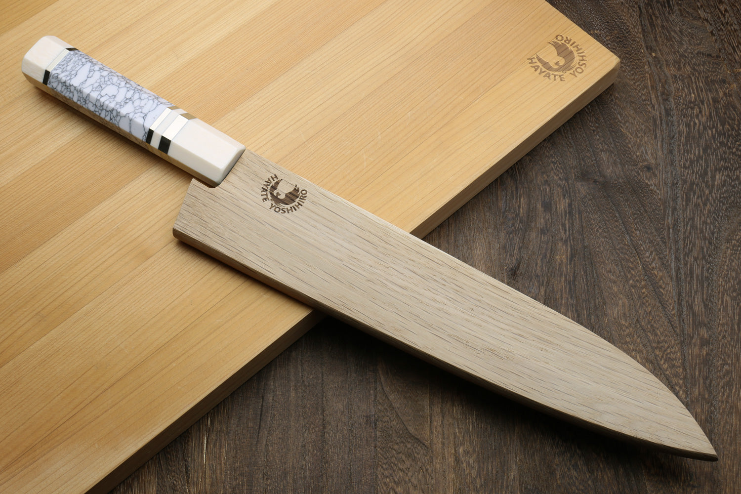 Yoshihiro Super Blue Steel Stainless Clad Hammered Gyuto Chefs Knife Howlite White Handle with Alternative Ivory Bolster (9.5" (240mm))