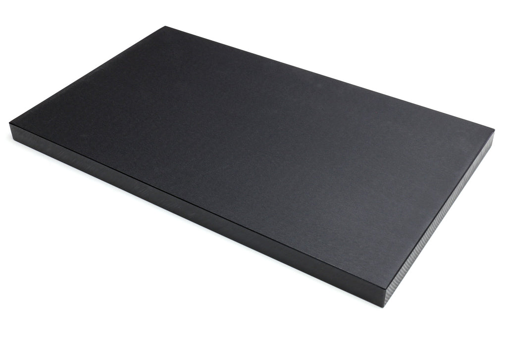 Black soft cutting board, flat rectangle shown at an angle on white