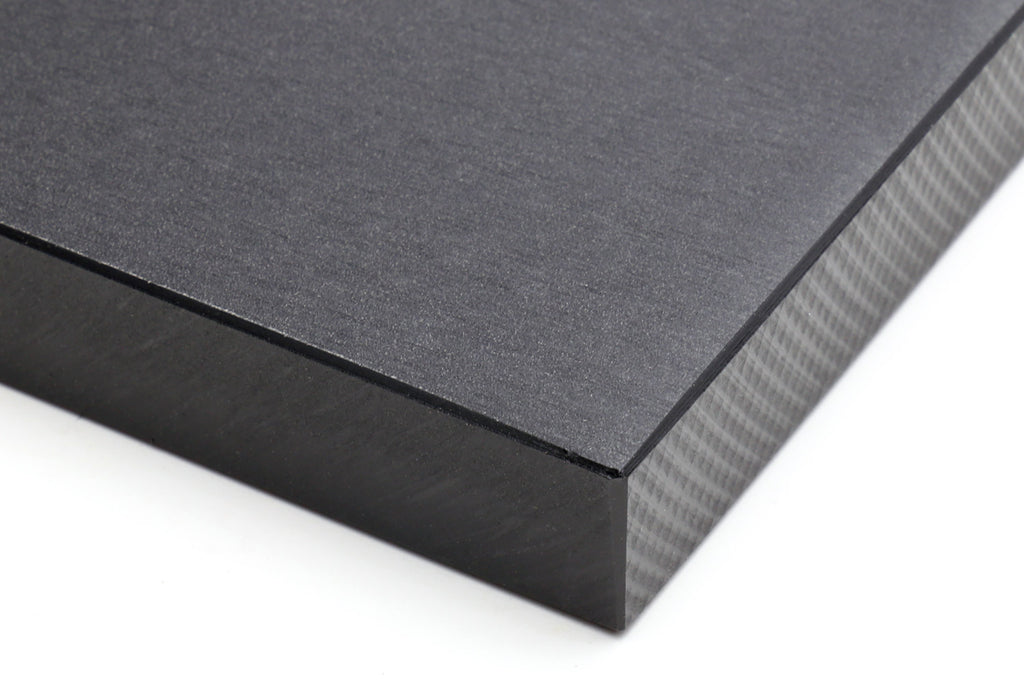 Close-up of a black cutting board corner, textured top and smooth side