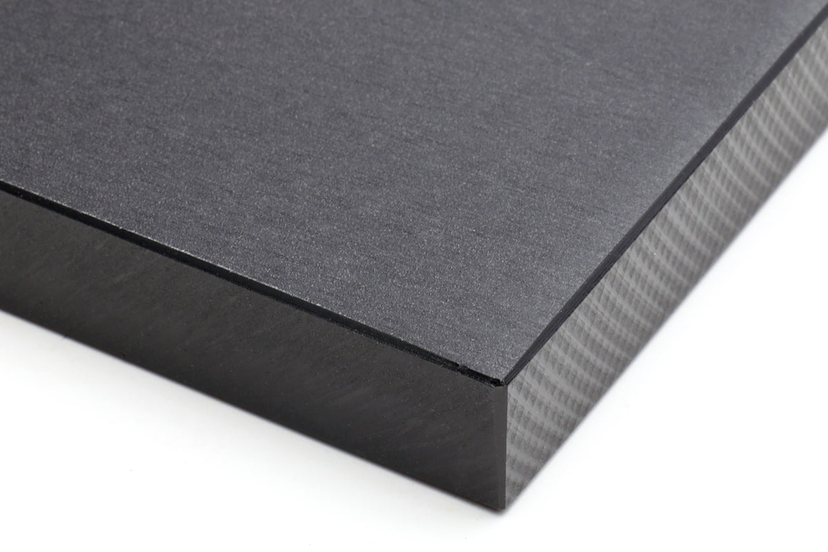 Close-up of black cutting board edge with textured side and corner