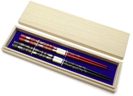 Japanese Premium Chopsticks Black & Red 2pc Set With Traditional Abalone Shell Pattern in Fine Japanese Paulownia Wood Case VER.1