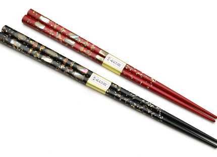 Japanese Premium Chopsticks Black & Red 2pc Set With Traditional Abalone Shell Pattern in Fine Japanese Paulownia Wood Case VER.1