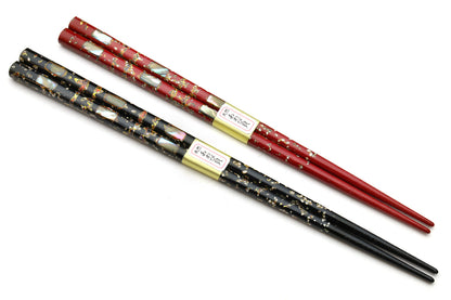 Japanese Premium Chopsticks Black & Red 2pc Set With Traditional Abalone Shell Pattern in Fine Japanese Paulownia Wood Case VER.1