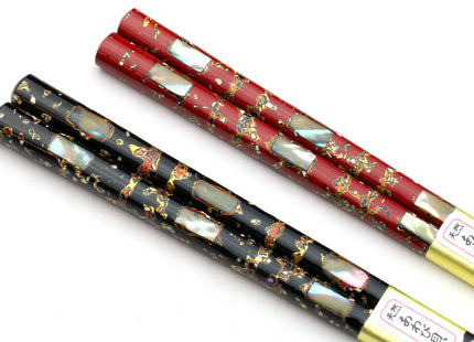 Japanese Premium Chopsticks Black & Red 2pc Set With Traditional Abalone Shell Pattern in Fine Japanese Paulownia Wood Case VER.1