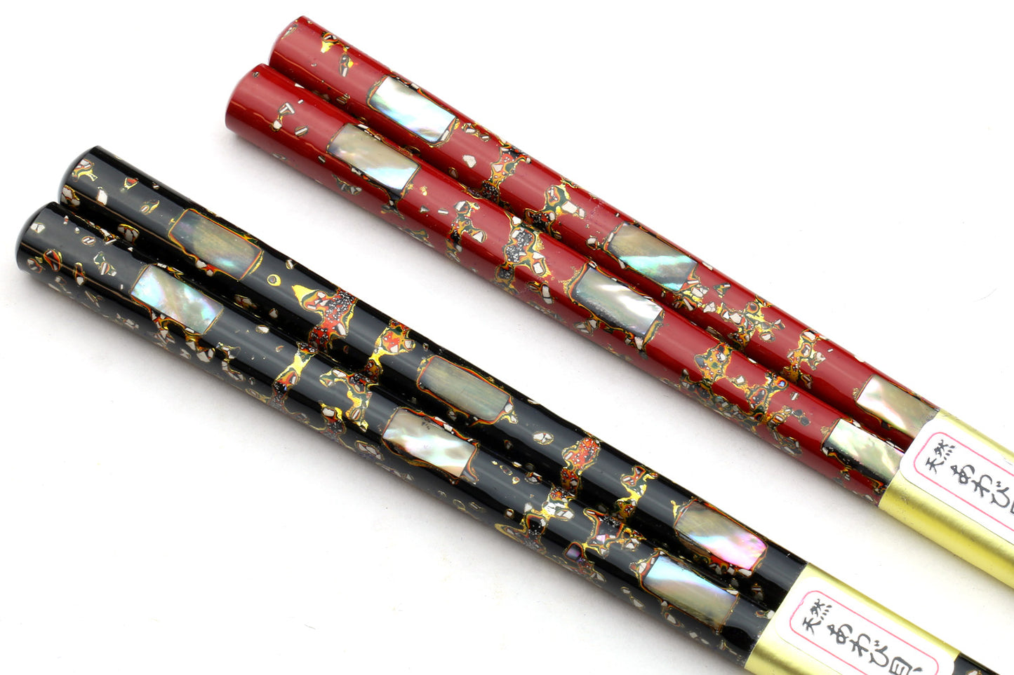 Japanese Premium Chopsticks Black & Red 2pc Set With Traditional Abalone Shell Pattern in Fine Japanese Paulownia Wood Case VER.1