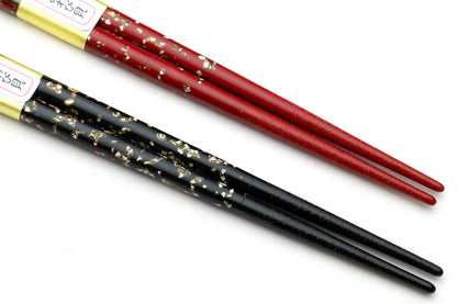 Japanese Premium Chopsticks Black & Red 2pc Set With Traditional Abalone Shell Pattern in Fine Japanese Paulownia Wood Case VER.1