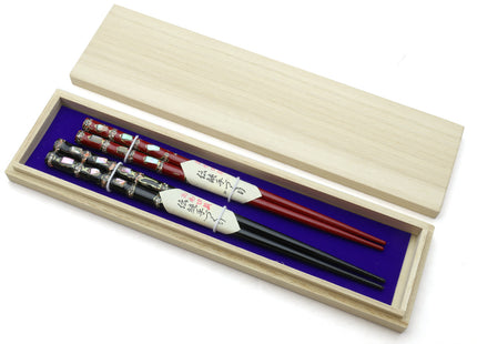 Japanese Premium Chopsticks Black & Red 2pc Set With Traditonal Abalone Shell Pattern in Fine Japanese Paulownia Wood Case VER.2