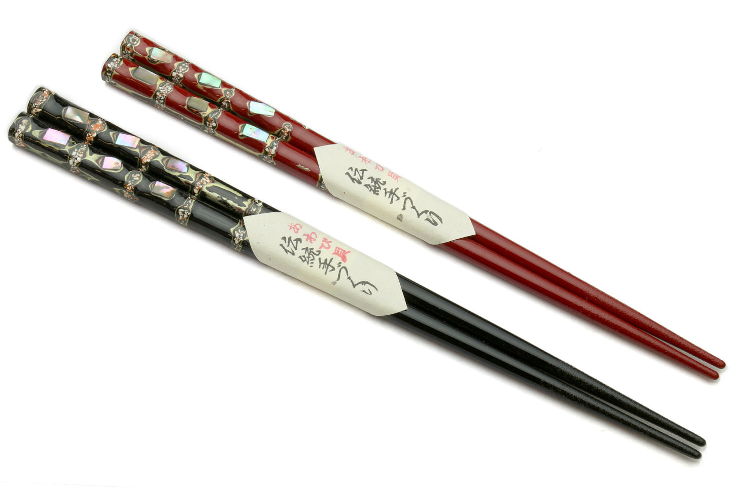 Japanese Premium Chopsticks Black & Red 2pc Set With Traditonal Abalone Shell Pattern in Fine Japanese Paulownia Wood Case VER.2