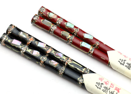 Japanese Premium Chopsticks Black & Red 2pc Set With Traditonal Abalone Shell Pattern in Fine Japanese Paulownia Wood Case VER.2